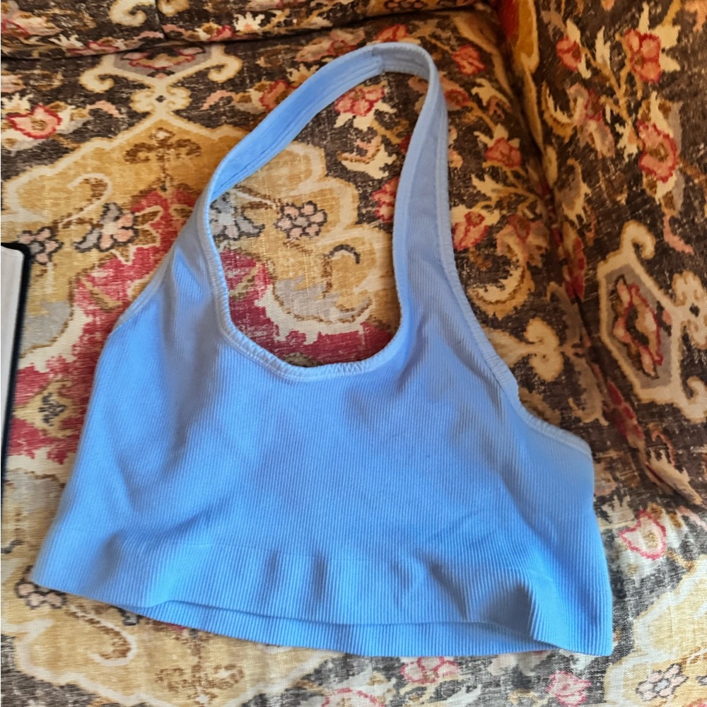 Blue Ribbed Knit Crop Top